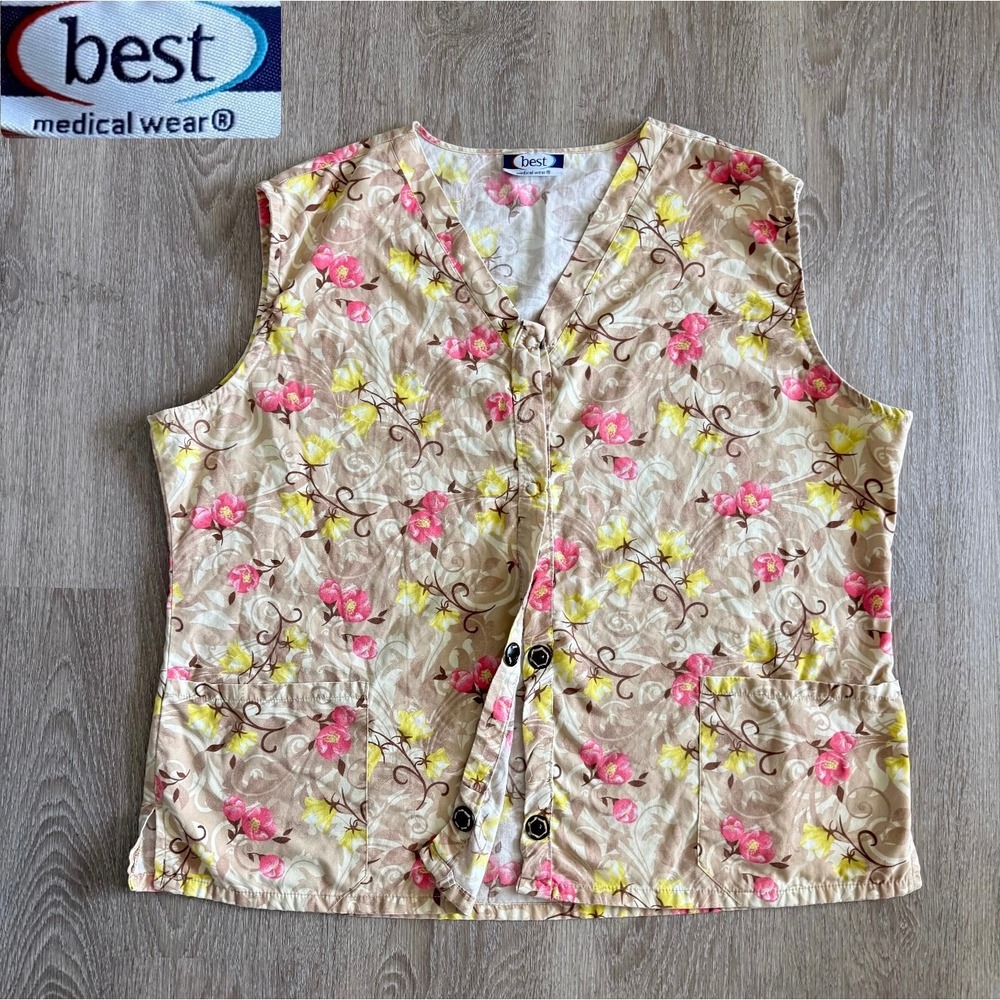 Best Medical Wear Floral Scrub Vest Tan Pink Yellow Snap Front Pockets XL
